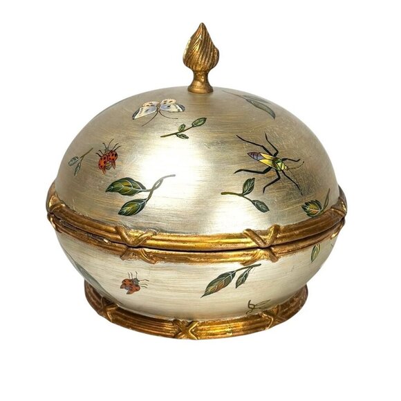 VTG Large Decorative Wooden Box Round Silver Floral Hand Painted Luxury Home - Picture 2 of 10